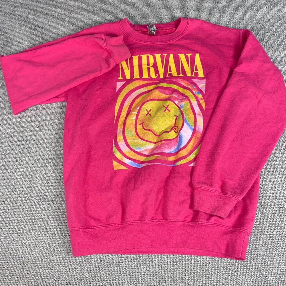 Nirvana Sweatshirt Womens Small Pink Smiley Face Graphic Pullover Grunge Rock